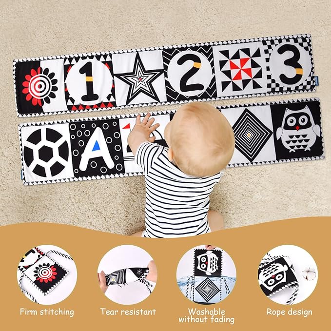 Vicloon Black and White High Contrast Baby Toys, Soft Baby Book for Newborn 0-3-6-12 Months, Infant Tummy Time Toys, Early Education Sensory Toys, Visual Stimulation Folding Cloth Book for Boys Girls