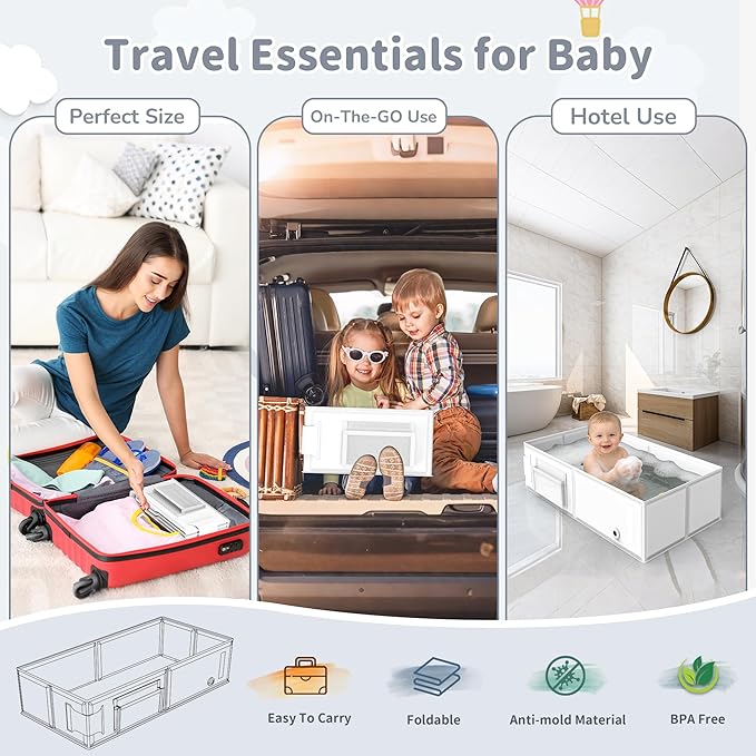 YomauiYee Baby Bathtub, Converts Shower to Tub, Foldable Toddler Tub with Rinse Cup, No Assembly Easy to Clean, Portable Collapsible Bath Tub for 6M-5Y, Travel Camping Hotel