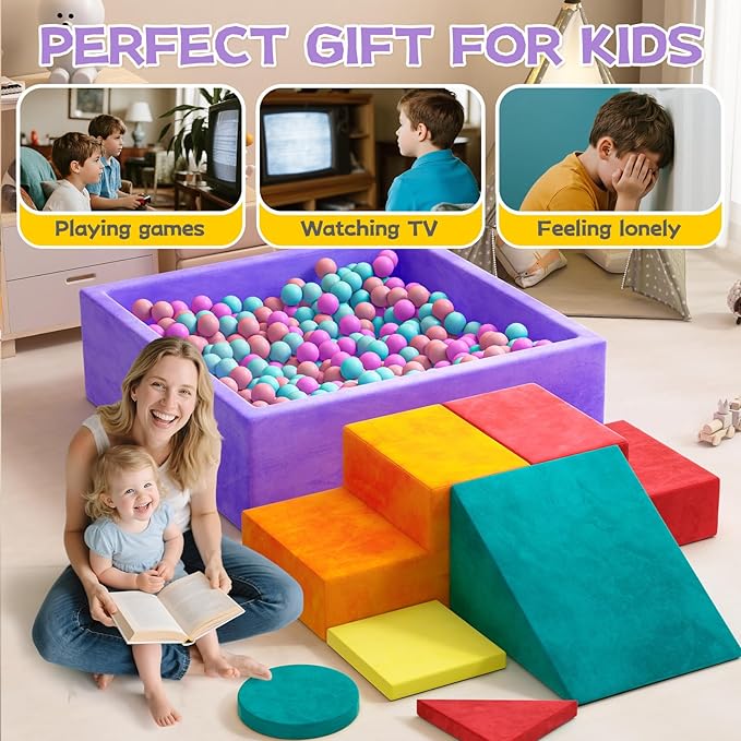 8-Piece Foam Climbing Blocks with Ball Pit for Toddlers 1-3, Soft Play Toddler Climbing Toys Indoor, Indoor Foam Blocks for Toddlers 1-3 Inside with Square Ball Pit, Steps, Triangle Ramp, Shape Mats B