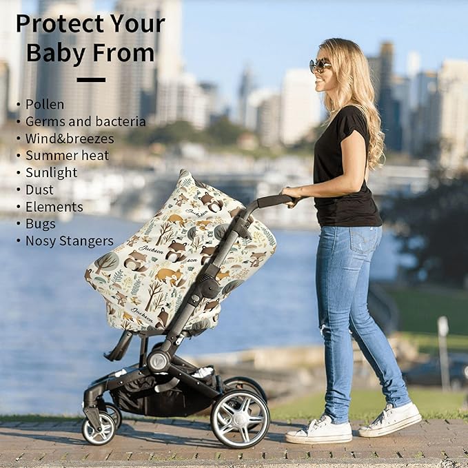 Personalized Woodland Baby Car Seat Cover with Name,Multi-Use Canopy for Nursing, Strollers,Shopping Carts,Customized Breastfeeding Cover, Full Privacy,Infant Stroller Cover