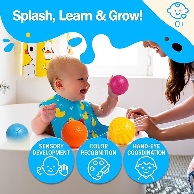 Sensory Balls for Toddlers 1-3, Baby Bath Toys 6-12 Months, 6PCS No Hole Textured Soft Balls, Safe Teething Toys for Boys & Girls, Montessori Gifts, 2025