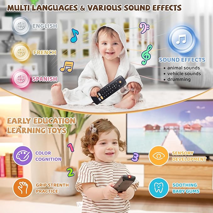 Baby TV Remote Toy - Realistic Play Remote toy with Lights and Sounds, 3 Languages (English, Spanish & French), Learning Musical Toys, Preschool Infant Boys Girls Toys Gift for 1 2 Year Old, Black.