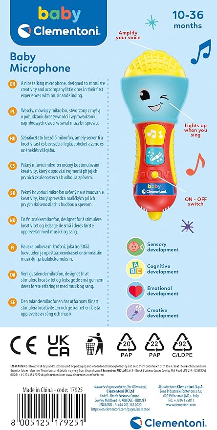 Clementoni - Baby Microphone for Children, Electronic Musical Play Early Childhood, Toy 10-36 Months, Activity Centre Lights and Sounds, 17931