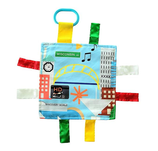 Baby Jack & Co 8x8” Learning Lovey Milwaukee Wisconsin Tag Toys for Babies - Baby Crinkle Toys - Soft & Safe - Learn USA Cities and Shapes - Ideal Baby Toy & Gift BPA Free w/Stroller Clip
