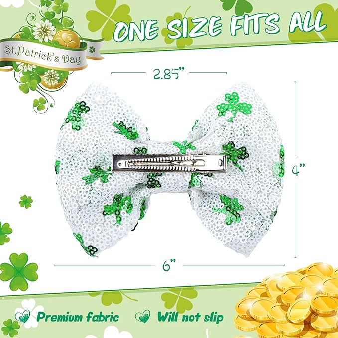 St.Patrick's Day 5 Inch Sequins Bow Hair Clips Clover Glitter Bow Green HairPins Alligator Barrettes Large Hair Bows Costume Hair Accessories for Girls Children Kids
