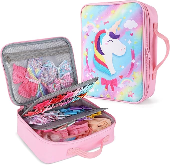Bow Organizer for Girls, Bows Holder for Girls Hair, Pink Unicorn Bow Case Organizer for Toddler Baby Girl Hair Accessories for Claw Clip (Unicorn)