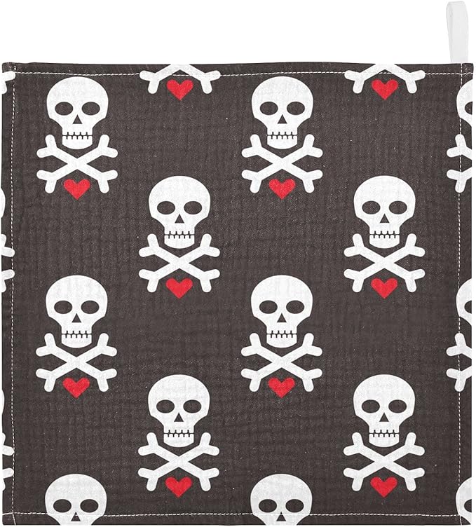 Baby Washcloths Cotton Skull Red Heart Baby Muslin Washcloths Soft Baby Face Towel for Newborn Infants Baby Wipes, 11.8 X 11.8 Inch, 3 Pack