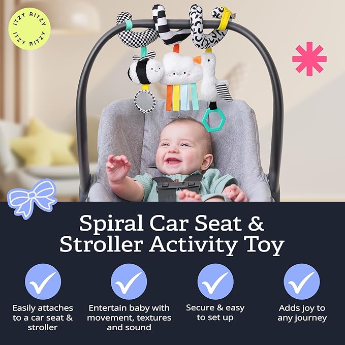 Itzy Ritzy Spiral Car Seat & Stroller Activity Toy - Stroller & Car Seat Toys for Ages 0 Months and Up - Hanging Toys Include Dangling Ring, Mirror and Textured Ribbons (High Contrast)