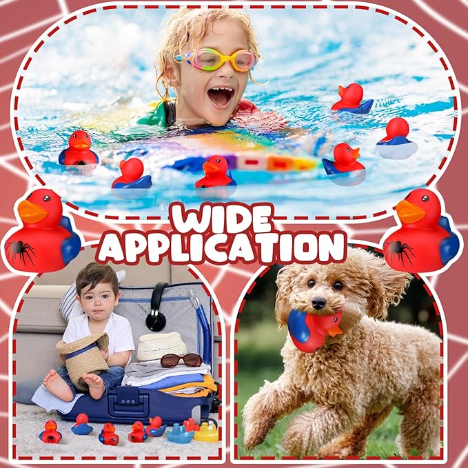 Leyndo 24 Pcs Spider Rubber Duck Bulk Spider Birthday Party Decoration Favors Squeaky Red Blue Duck for Bathtub Floating Pool Gifts Party Supplies