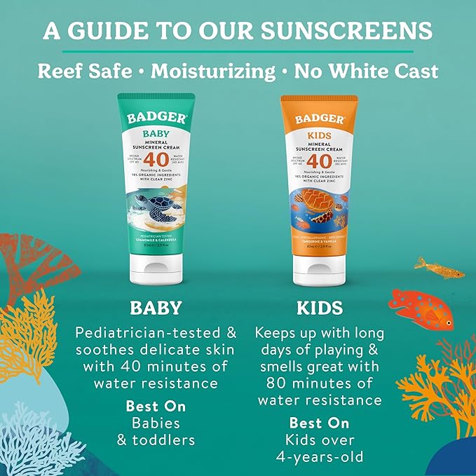 Badger Mineral Baby Sunscreen Cream SPF 40, 98% Organic Toddler Sunscreen with Zinc Oxide, Broad Spectrum, Reef Safe, Water Resistant, Pediatrician Tested Baby Sunblock for Sensitive Skin, 2.9 fl oz
