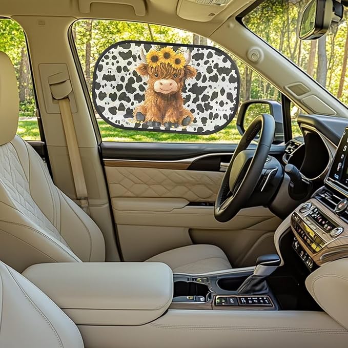 Bulopur 2 PCS Highland Cow Print Car Window Covers Sun Shade Side Window Sun Protection and Sun Shade Blocker Car Interior Automotive Mesh Windshield Shades for Baby