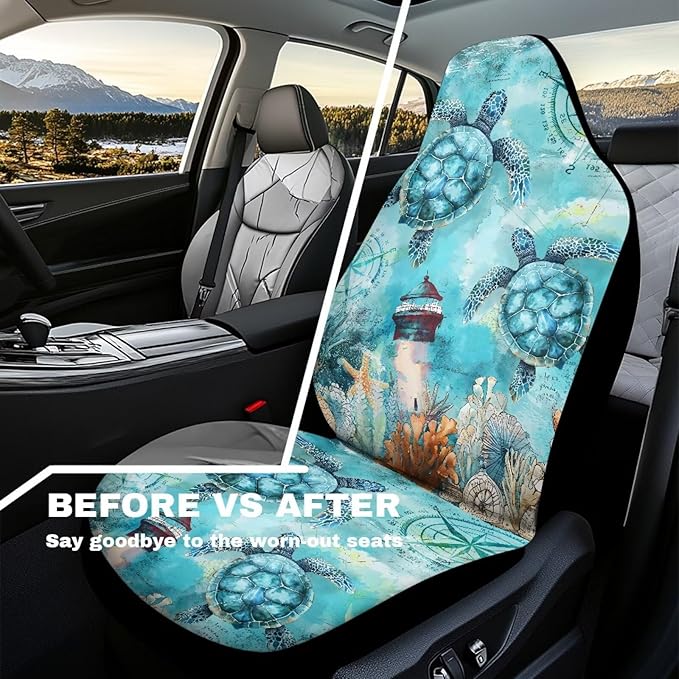 Blue Turtle Car Seat Covers Front Seats Anti-Slip Back Fabric Waterproof Car Seat Cover Easy to Install Stretch Polyester Fabric Cover Universal Fit for Most Vehicle