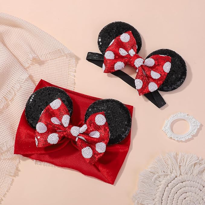 choicbaby Baby Girl Headbands Mouse Ears Headwrap with Sequin Polka Dot Bow Soft Stretchy Nylon Hair Bands for Newborn Infant Baby Toddler Girls- Pack of 2