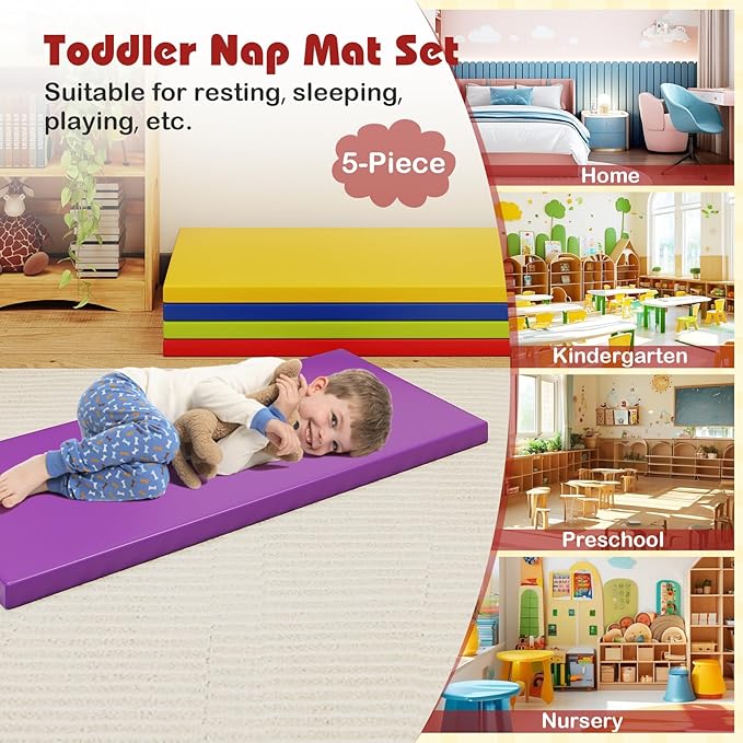 HONEY JOY Thick Daycare Rest Mats, 2-Inch Portable Toddler Floor Mat w/Name Tag Holders for Kids, Non-Folding Foam Napping Mat for Daycare Preschool Travel(5 Pack, Assorted)