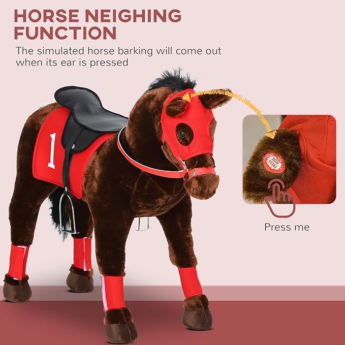 Qaba Ride on Horse for Kids 3-8 Years Old, Toddlers Riding Horse with Neighing Sound, Ride on Animal Pony Toy with Saddle & Stirrups, Brown