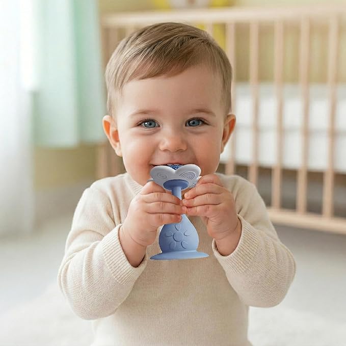 Baby Flower Teether Rattle Toy, Sensory Toy for Baby 0-24 Months, Teething Relief Chewing Toy for Infant, BPA Free Food Grade Silicone Teether (Blue)