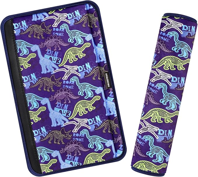 2 Pcs Plush Universal Seat Belt Cover Pad - 2-in-1 Soft Bag Handle Sleeve, Skin-Friendly & Breathable, Machine Washable, Cute Designs for Men Women Kids Car Accessories, Dinosaur