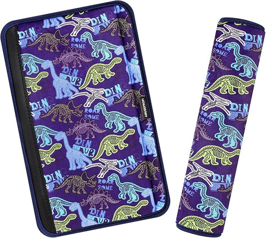 2 Pcs Plush Universal Seat Belt Cover Pad - 2-in-1 Soft Bag Handle Sleeve, Skin-Friendly & Breathable, Machine Washable, Cute Designs for Men Women Kids Car Accessories, Dinosaur