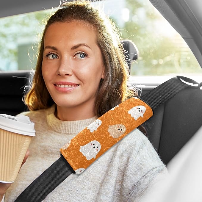 2 Pack Seatbelt Covers Seat Belt Cover Pad for Adults Boys Girls Car Seat Strap Covers Pads Cushion Universal Shoulder Strap Pad Protector for Backpack Camera Bag 6.5 Inch Halloween Ghosts Orange