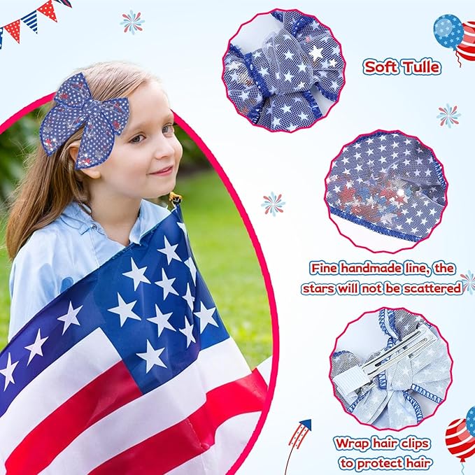 CN 6PCS 4th of July Tulle Hair Bows for Girls, American Flag Bows, Blue Red Stripes Hair Accessories Clips with Glitter Patriotic Stars Alligator Toddler Girls for Independence Day (Type I)