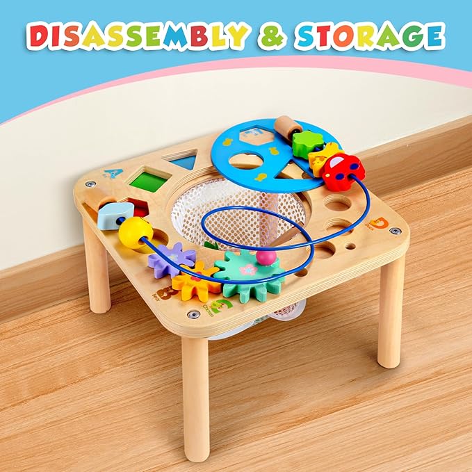 WINGYZ Activity Table, 6 in 1 Wooden Montessori Activity Center with Bead Maze Shape Sorter Fishing Game, Kids Sensory Play Table Toddler Toys 1st Birthday Gifts Boy Girl(Rainbow)