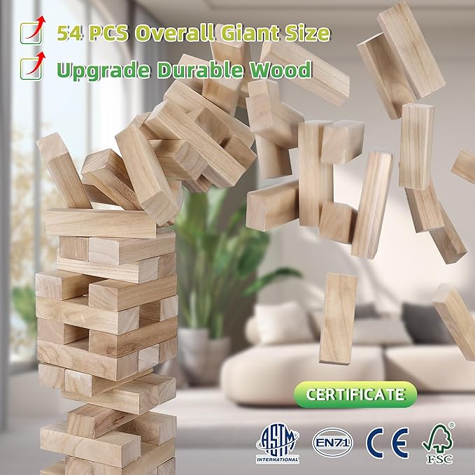 GOTHINK Giant Tumble Tower Game, Large Tumbling Tower Stacking to Over 5 FT 54pcs Wooden Jumbo Blocks for Outside Yard Games with Carry Case Timber Stacking Game Night Toy Gift for Kids Adults Family