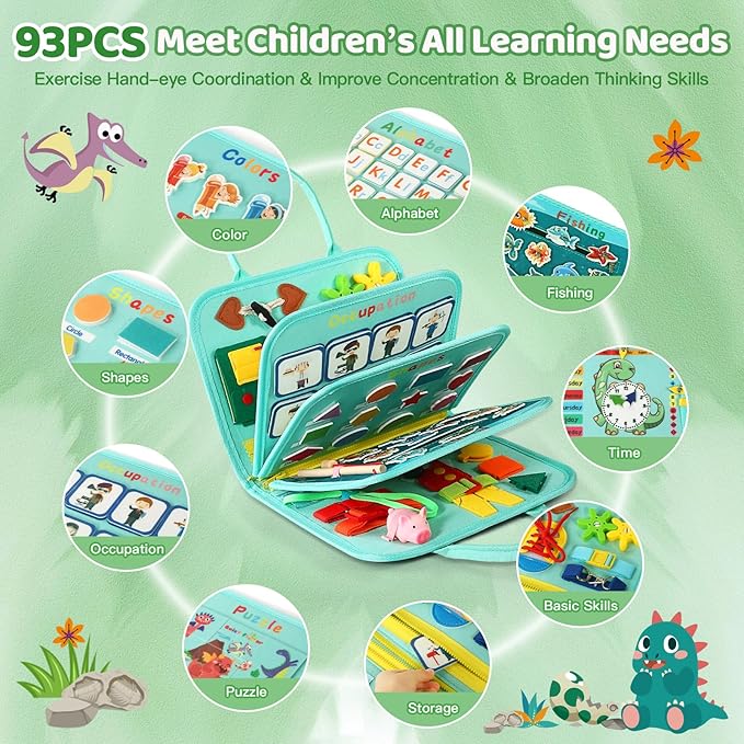 Toddler Busy Board for 1 Year Old, Montessori Toy Sensory Busy Book for Toddler 1-3 Fishing Game Life Skill, Learning Toy Car Ride Airplane Activities Travel Essential 2-4 Birthday Gift for Boy Girl