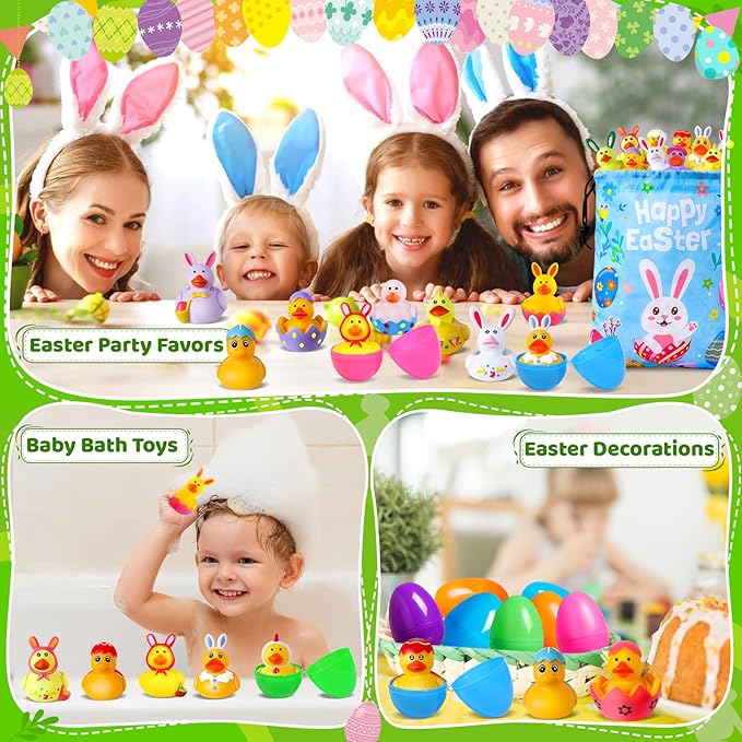 24 Pcs Prefilled Easter Eggs with Easter Rubber Ducks, Easter Basket Stuffers Party Favors, Fun Bath Toys Jeep for Ducks, Easter Egg Hunt, Holiday Classroom Gifts Prizes for Kids Toddler