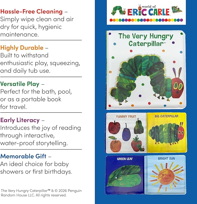 Kids Preferred World of Eric Carle The Very Hungry Caterpillar 6 Inch Vinyl Bath Book Bath Tub Toy Perfect for Water Play and Learning for Ages 18 Months and Up