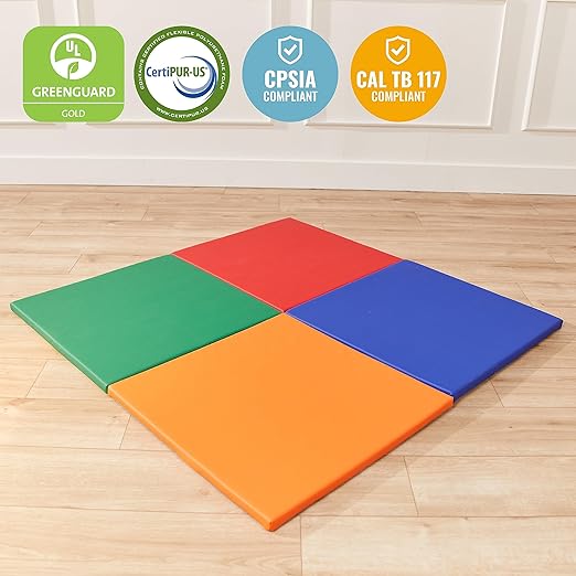ECR4Kids SoftZone Play Patch Activity Mat Squares, Modular Playmat, Assorted, 4-Pack