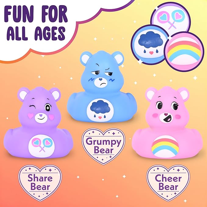 Care Bears Rubber Ducks – Collectible Character Toys for Bath, Gifting, and Car Dashboards – Cheer Bear, Grumpy Bear & Share Bear – 3 Pack