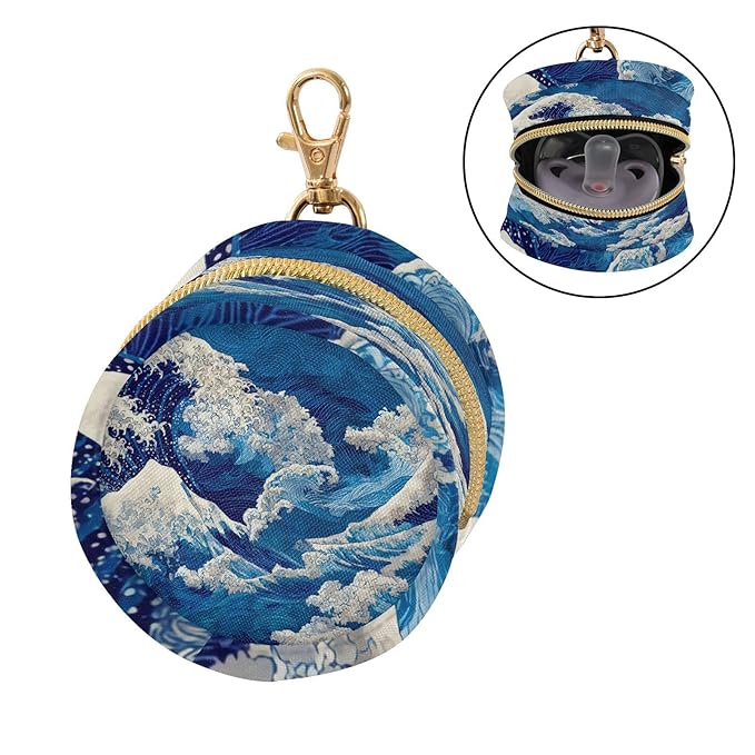 Pacifier Holder with Clip Pacifier Case for Diaper Bag Round Baby Pacifier Pouch Box Bag Portable Deep Blue Sea Waves