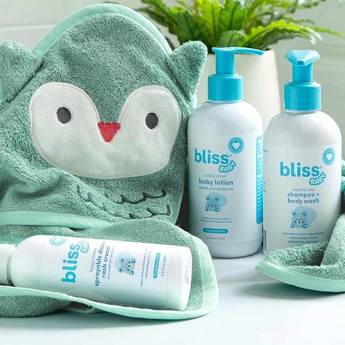 Bliss Baby Care Essentials Gift Set, Fragrance-Free - Baby Wash & Shampoo, Diaper Rash Cream, Baby Lotion & Hooded Bath Towel - Hypoallergenic, Dermatologist Tested, Clean & Vegan Gift Set