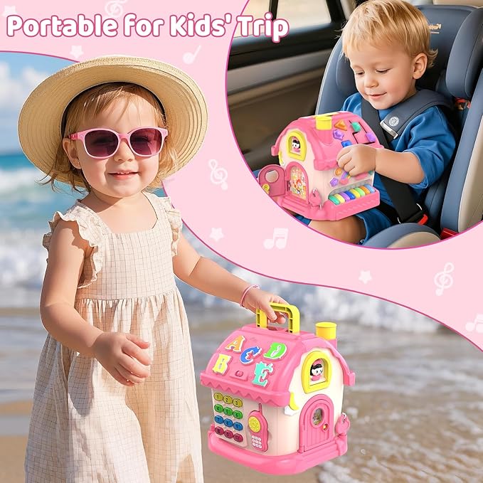 Toddler Toys for 1 Year Old Girl Gifts, 12-in-1 Montessori Musical House Toddler Learning Toys for 1-2, 1st First Birthday Gifts Baby Girl Boy Gift Toys 6-12 12-18 Months, Pink