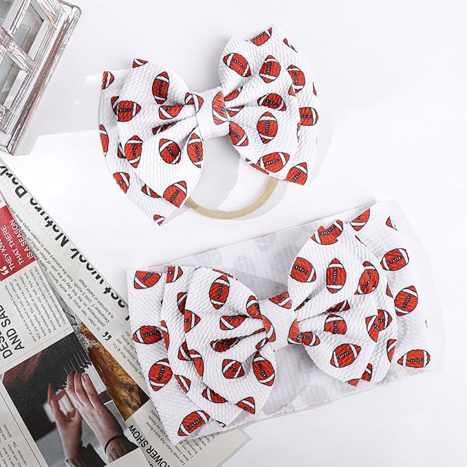 YanJie Hairband, Football Sports Printed Handmade Hairbands for Baby Girls Infant - 2 Pack, Nylon Game Day Hair Bow Headbands, Super Soft Breathable, Ideal for Football Season, Photography