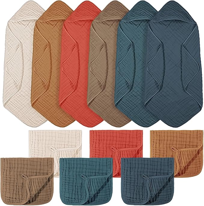 VitalCozy 12 Pcs Baby Muslin Hooded Bath Towels and Washcloths Muslin Cotton Hooded Baby Towels Absorbent Blankets for Gift Newborn Infant Shower (32 x 32 Inch,Colorful)