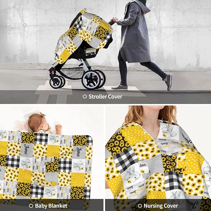 Personalized Elephant and Sunflower Plaid Baby Car Seat Canopy for Babies with Name, Customized Stroller Car Seat Covers for Girls Boys, Minky Nursing Carseat Cover for Breastfeeding, Newborn