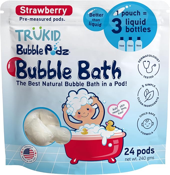 TruKid Bubble Podz Bubble Bath for Kids, Toddlers, & Babies, Tear Free Gentle & Refreshing Bath Bomb for Sensitive Skin with Natural Moisturizers, Non-Toxic, pH Balanced, Strawberry Scent (24 Podz)