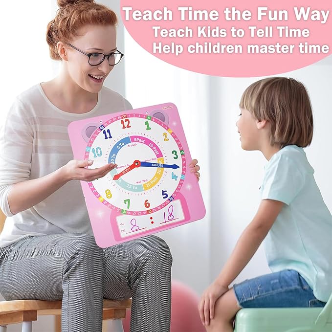 Teaching Clocks for Kids, Large Magnetic Writable Dry Erase Learning Clock with Pen,12" Teaching Demonstration Clock Learning Time to Tell Time for Kids Home School Classroom Supplies-Pink
