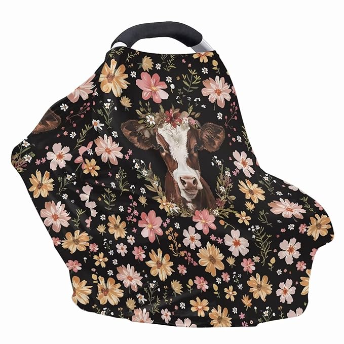 Wanyint Brown Cow Floral Stretchy Baby Car Seat Cover for Baby, Nursing Breastfeeding Covers,Shopping Cart/High Chair/Stroller Covers,Infinity Scarf,Car Seat Canopies