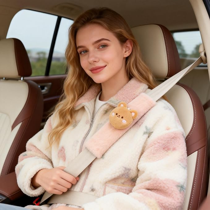 2 PCS Seat Belt Cover Pad, Cute Kawaii Animal Bear Seatbelt Covers for Kids and Adults, Winter Plush Fluffy Soft Seat Belt Cover, Cartoon Seatbelt Cushion,Car Seat Strap Pads (F-Bear)