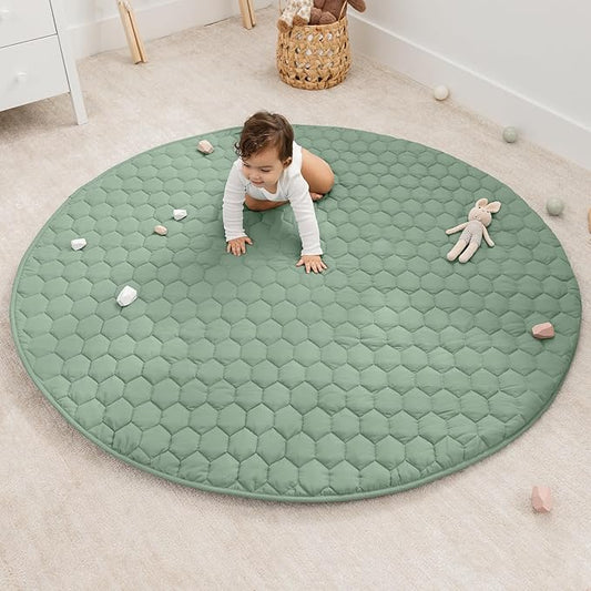 Comfy Cubs Round Kids Play Mat - Large 60 inches Soft Quilted Baby Floor Mat with Non-Slip Bottom - Plush Design for Toddlers' Playtime - Comfortable and Durable - Fern