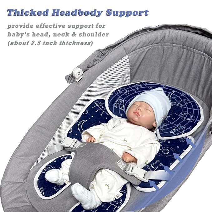 Infant Car Seat Insert, 2 in 1 Carseat Head Neck Pillow for Newborn, Baby Carriage Pad with Strap Covers, Universal Seat Pad for Carseats, Stroller, Swings, Bouncer, Planet (Navy Blue)