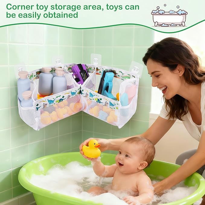 Bath Toy Storage Organizer, 3 Compartment Corner Bath Toy Holder for Tubs, Large Capacity & Quick-Drying Mesh - 4 Strong Adhesive Hooks for Easy Access