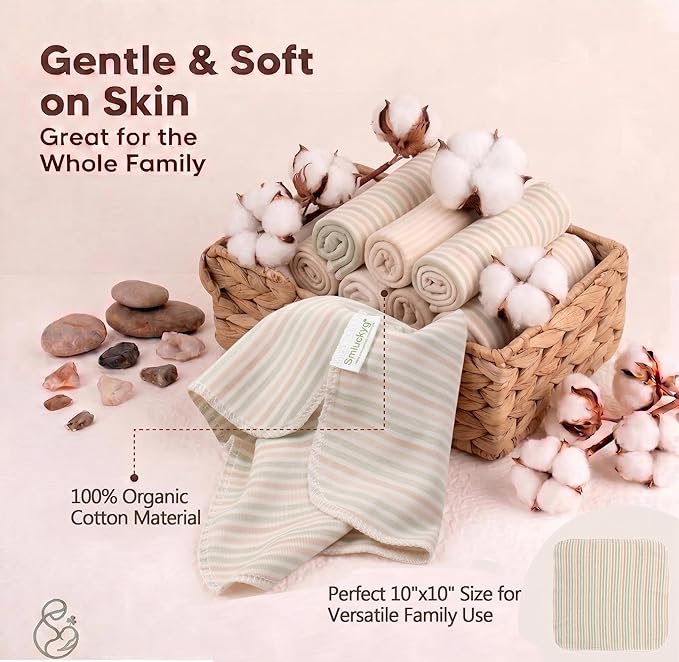 Organic Cotton Baby Washcloths - 10 Pack | Ultra-Soft Newborn Face Bath Towel - Reusable Baby Wipes for Delicate Skin Thin & Lightweight (Multicolor)