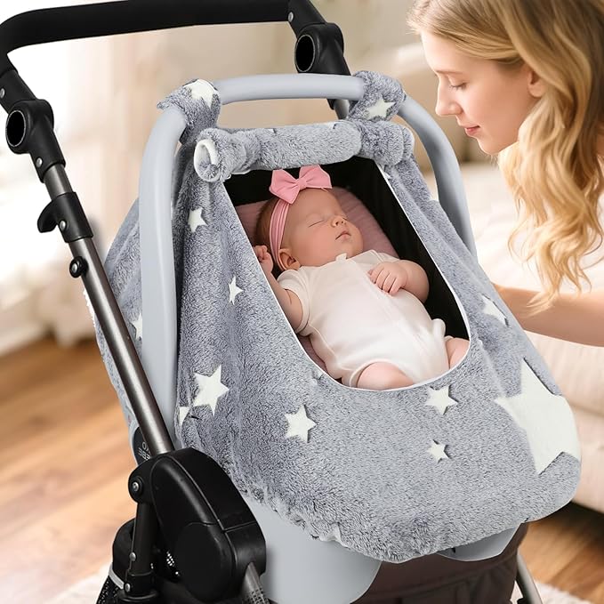 Car Seat Cover Baby Boys Girls, Soft Flannel Infant Carseat Cover with 2 Zipper Windows, Star Carrier Cover Canopy Glow in The Dark, Comfortable & Machine Washable, Gray