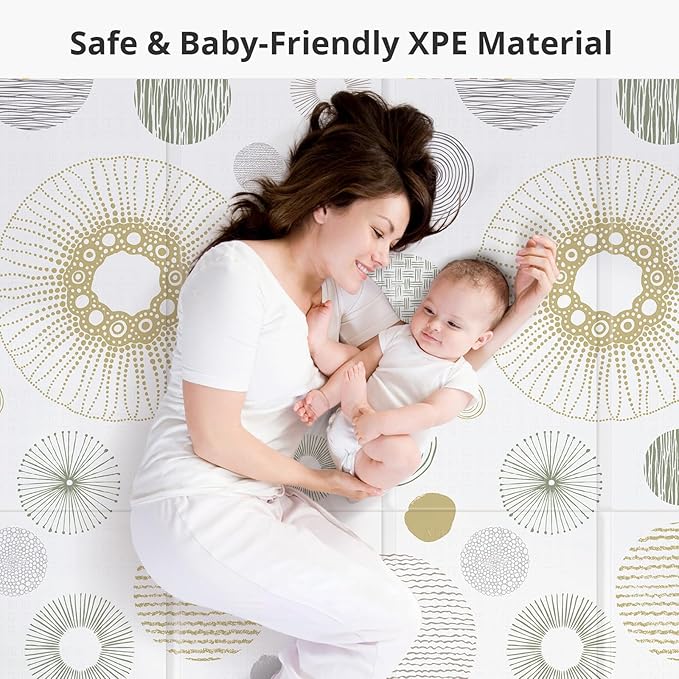 Foldable Baby Play Mat, PIGLOG 50x50 Playpen Mat, Safe Foam Playmat for Tummy Time, Waterproof Playmats for Babies and Toddlers Kids, Reversible Portable Floor Mat for Infant, Circles + Stripes