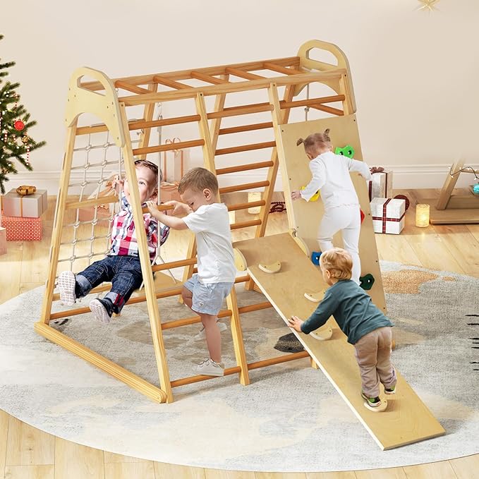 INFANS Indoor Jungle Gym, 8 in 1 Kids Montessori Indoor Playground Climbing Playset for Toddlers with Slide Swing Net Monkey Bars Rope Ladder, Wood Climber Toys for Boys Girls