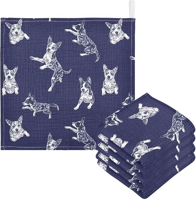 vvfelixl Baby Muslin Washcloths Blue Heeler Dog Baby Burp Cloths Cotton Babys Face Towel for Infants Soft 11.8 X 11.8 in, 3 Pack