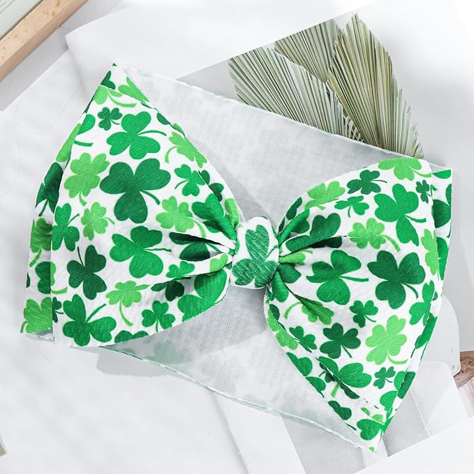 Hairband - St. Patrick's Day 7" Baby Bows Headbands with Clover Print Waffle Material - One Size Fits All - Hair Accessories for Infant Toddler - Gift Idea
